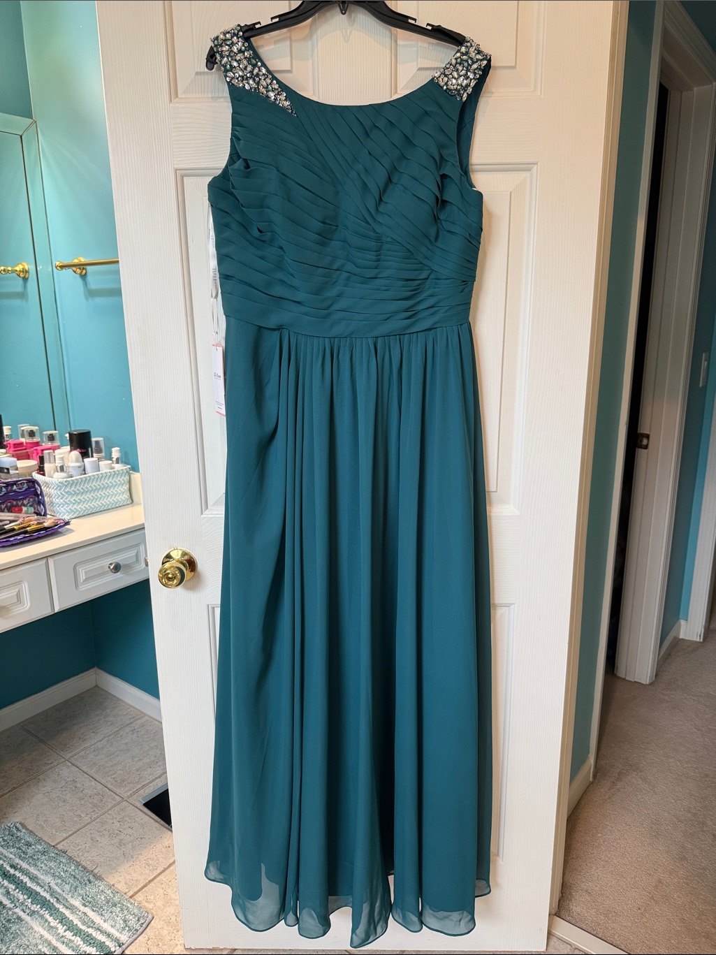 Elegant Teal Embellished Sleeveless Gown